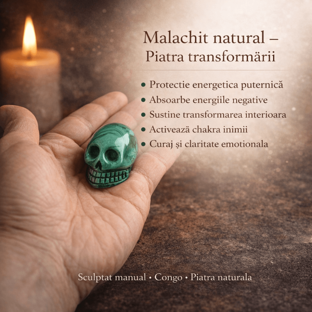 Mini Craniu din Malachit Natural Congo – Sculptat manual, simbol al transformarii [2]