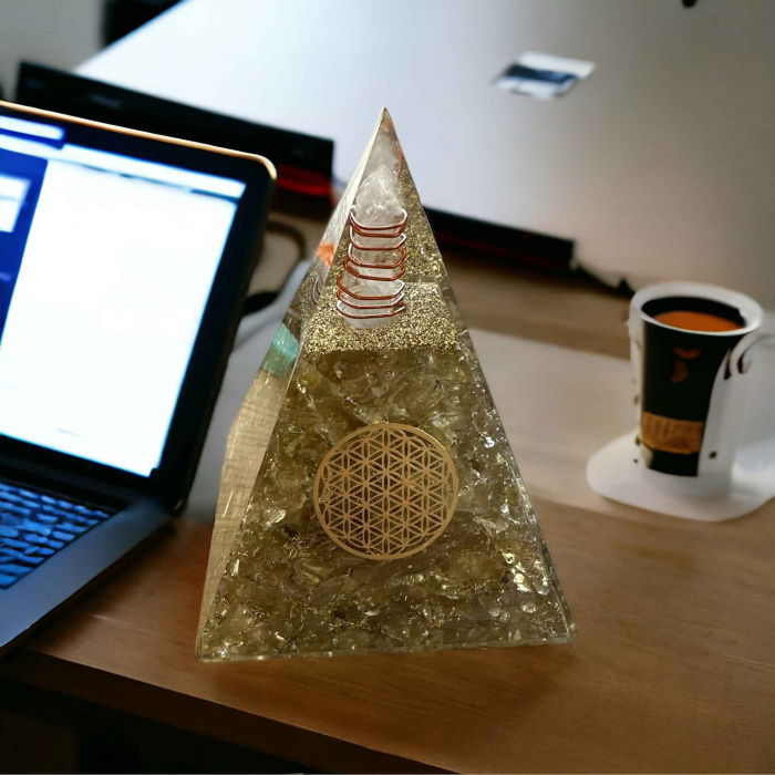 Piramida Orgonica cristal Citrin si Floarea vietii de 11 cm pentru Bogatie si Succes - Piatra Comerciantului pentru Confort si Energie Pozitiva [4]