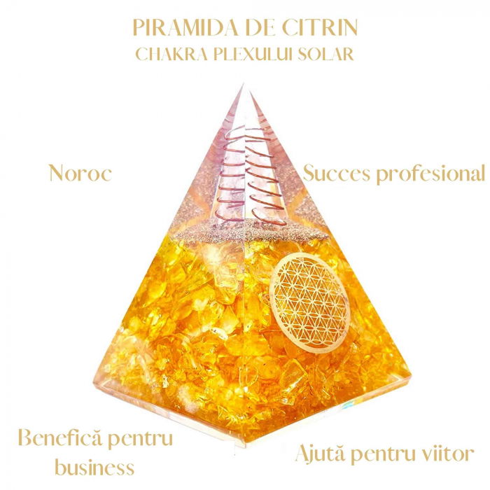 Piramida Orgonica cu Citrin si simbolul floarea vietii 8 cm – pentru intelepciune, bogatie si succes [3]