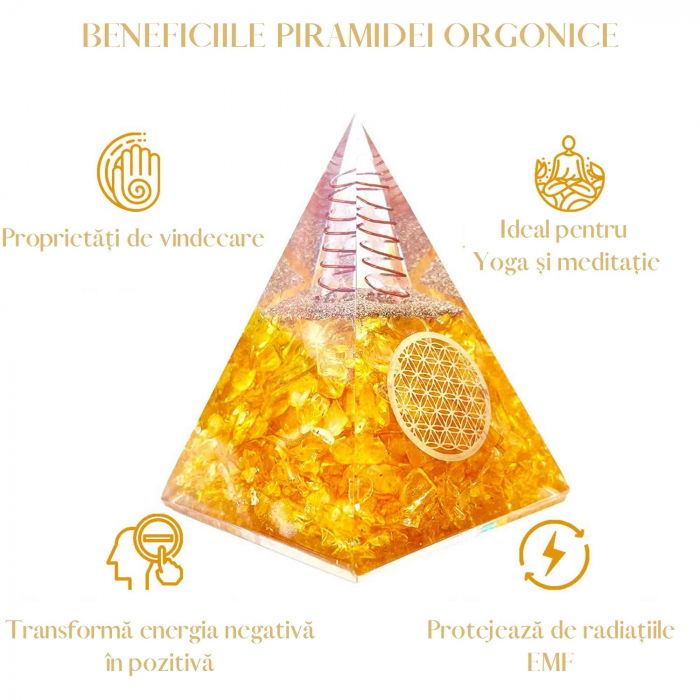Piramida Orgonica cu Citrin si simbolul floarea vietii 8 cm – pentru intelepciune, bogatie si succes [4]