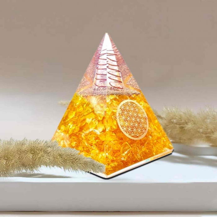 Piramida Orgonica cu Citrin si simbolul floarea vietii 8 cm – pentru intelepciune, bogatie si succes [6]