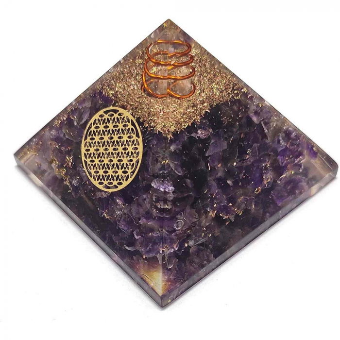 Piramida Orgonica cu cristal Ametist si simbolul floarea vietii 8 cm – Pentru energie, vindecarea reiki, echilibrarea chakrelor [6]