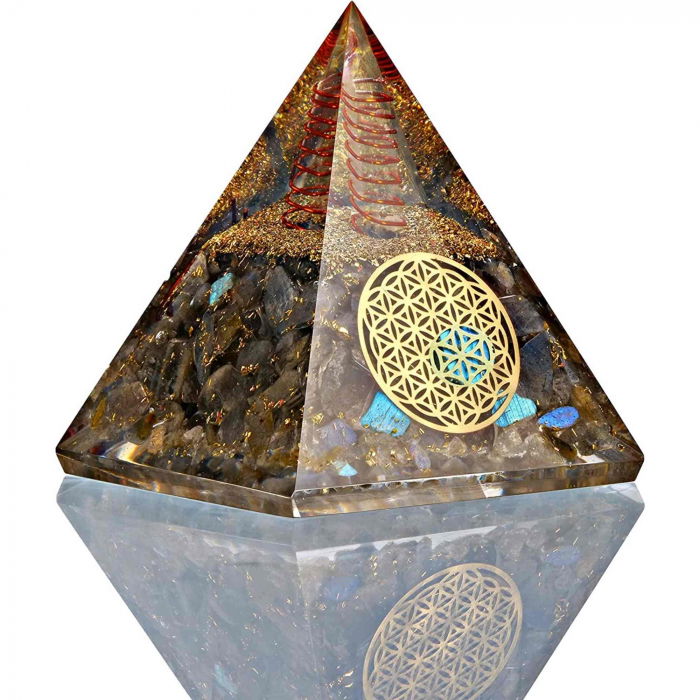 Piramida Orgonica cu cristale Labradorit si simbolul floarea vietii 8 cm – pentru dezvoltare spirituala si emotionala [1]