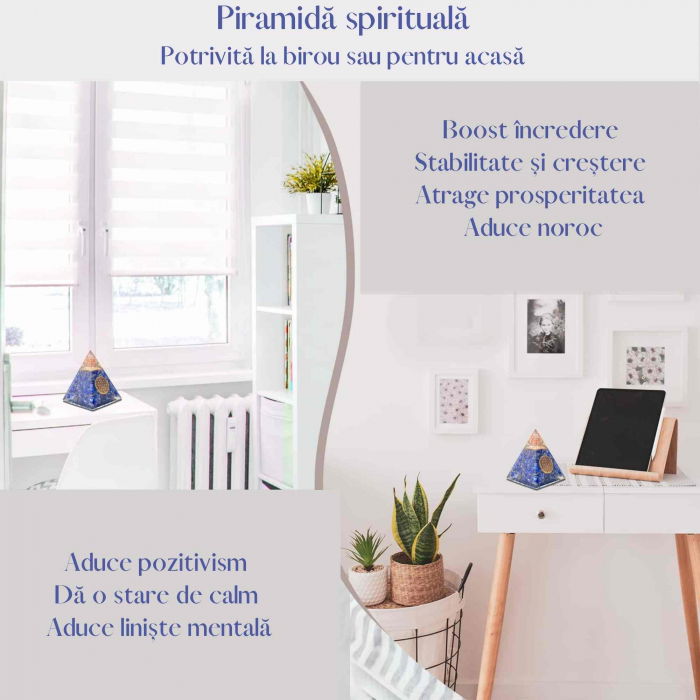Piramida Orgonica cu cristale Lapis Lazuli si simbolul floarea vietii 8 cm – pentru intelepciune, armonie, onestitate si constientizare de sine [6]