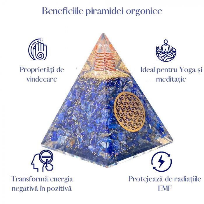 Piramida Orgonica cu cristale Lapis Lazuli si simbolul floarea vietii 8 cm – pentru intelepciune, armonie, onestitate si constientizare de sine [3]