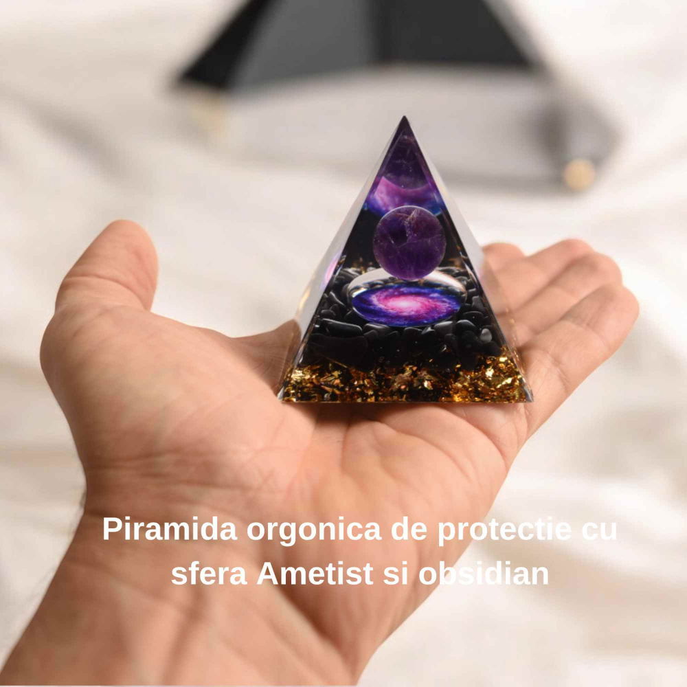 Piramida Orgonica 6 cm cu Ametist si Obsidian - Protectie si Echilibru Energetic [3]