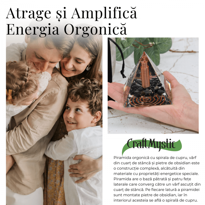 Piramida Orgonica Obsidian cu Varf de Cuart de Stanca si Spirala de Cupru - Protectie [5]