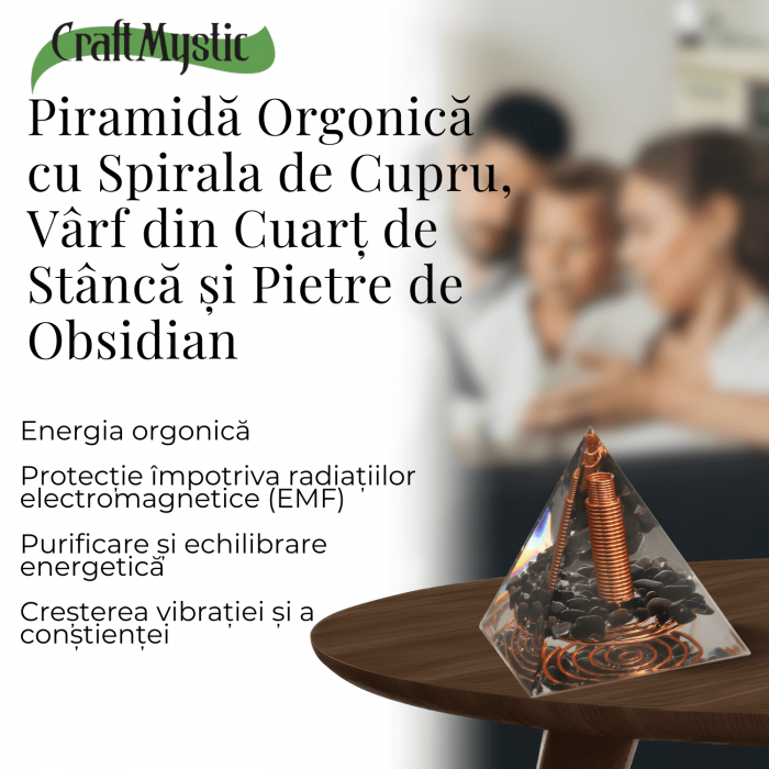 Piramida Orgonica Obsidian cu Varf de Cuart de Stanca si Spirala de Cupru - Protectie [4]