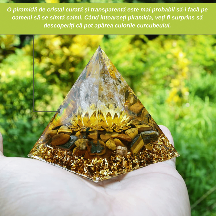 Piramida Orgonica cu cristale vindecatoare Ochi de Tigru, floare de lotus si sfera din cristal transparent 8 cm  – Promoveaza bogatia, prosperitatea si atrage succesul [3]
