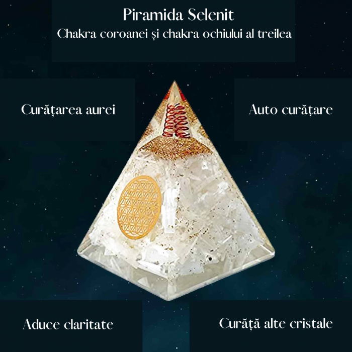 Piramida orgonica cu selenit si simbolul floarea vietii 8 cm – pentru curatarea energiei negative, pace, calm si energie pozitiva [2]