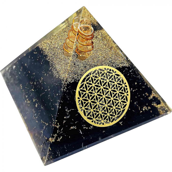 Piramida Orgonica cu Turmalina neagra si simbolul floarea vietii 8 cm – pentru meditatie si trezirea spiritualitatii si a abilitatilor interioare [4]