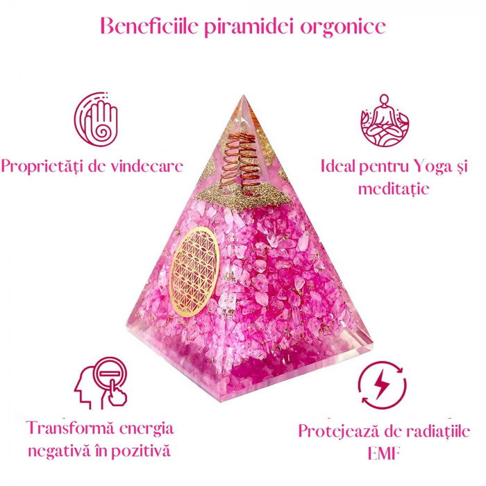 Piramida orgonica cuart roz si simbolul floarea vietii 8 cm – incurajeaza speranta, sensibilitatea, intuitia si abilitatile psihice [3]