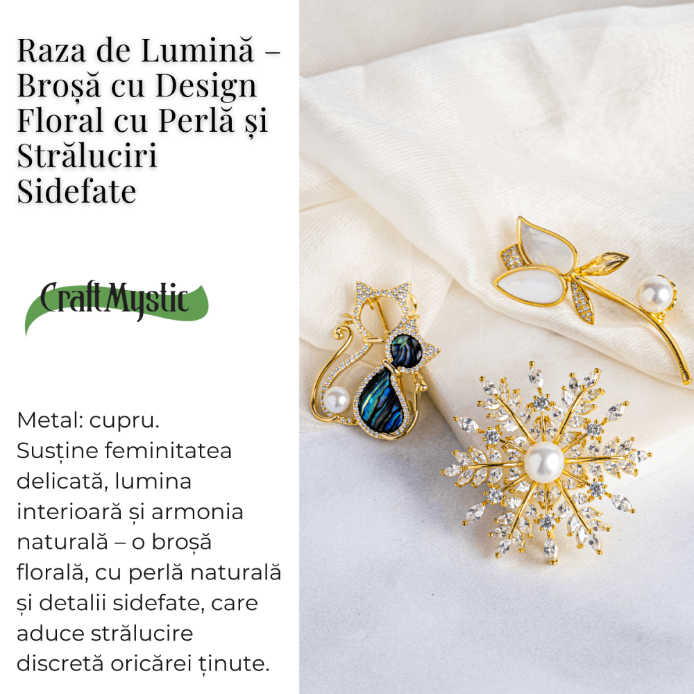 Raza de lumina – Brosa cu design floral cu perla si straluciri sidefate [3]