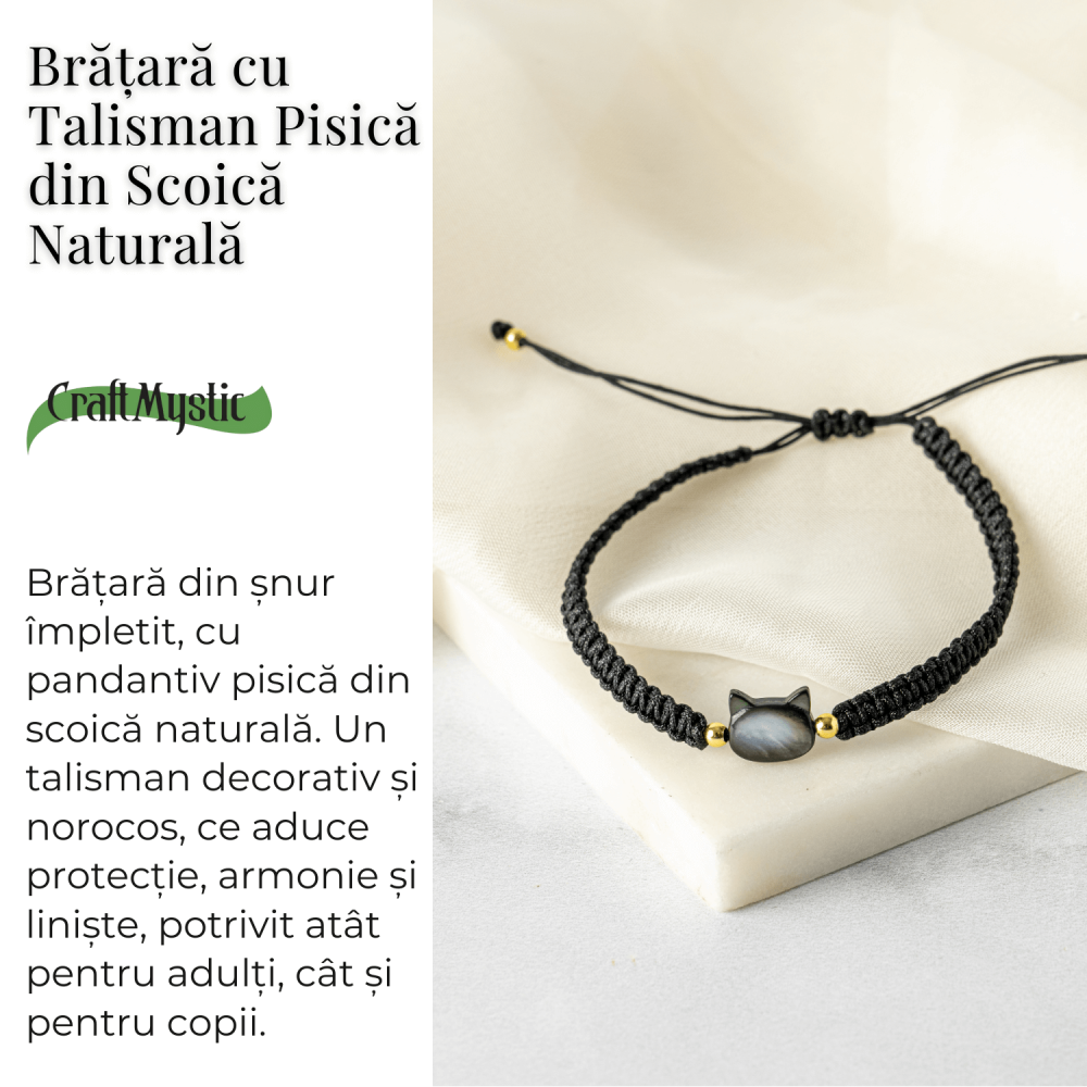 Protectie si Noroc – Bratara cu Charm Pisica din Scoica Naturala, Neagra [3]