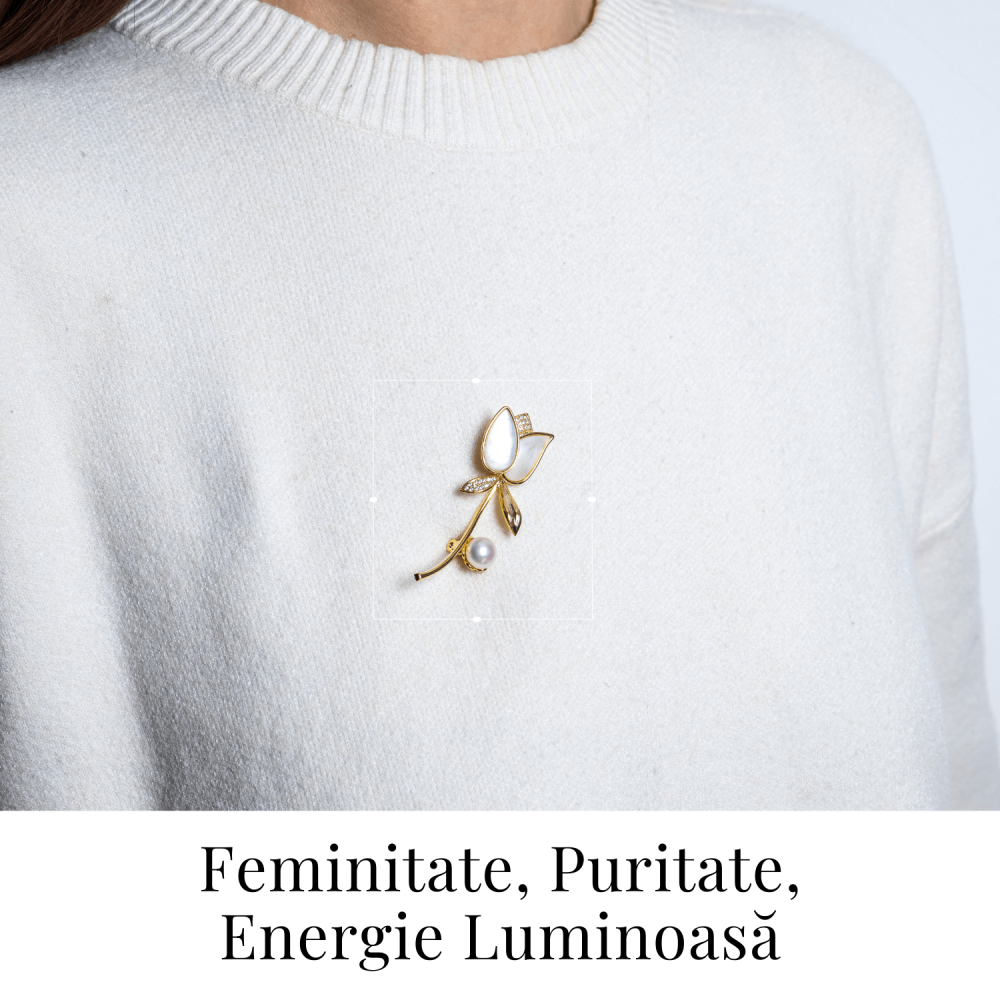 Raza de lumina – Brosa cu design floral cu perla si straluciri sidefate [2]