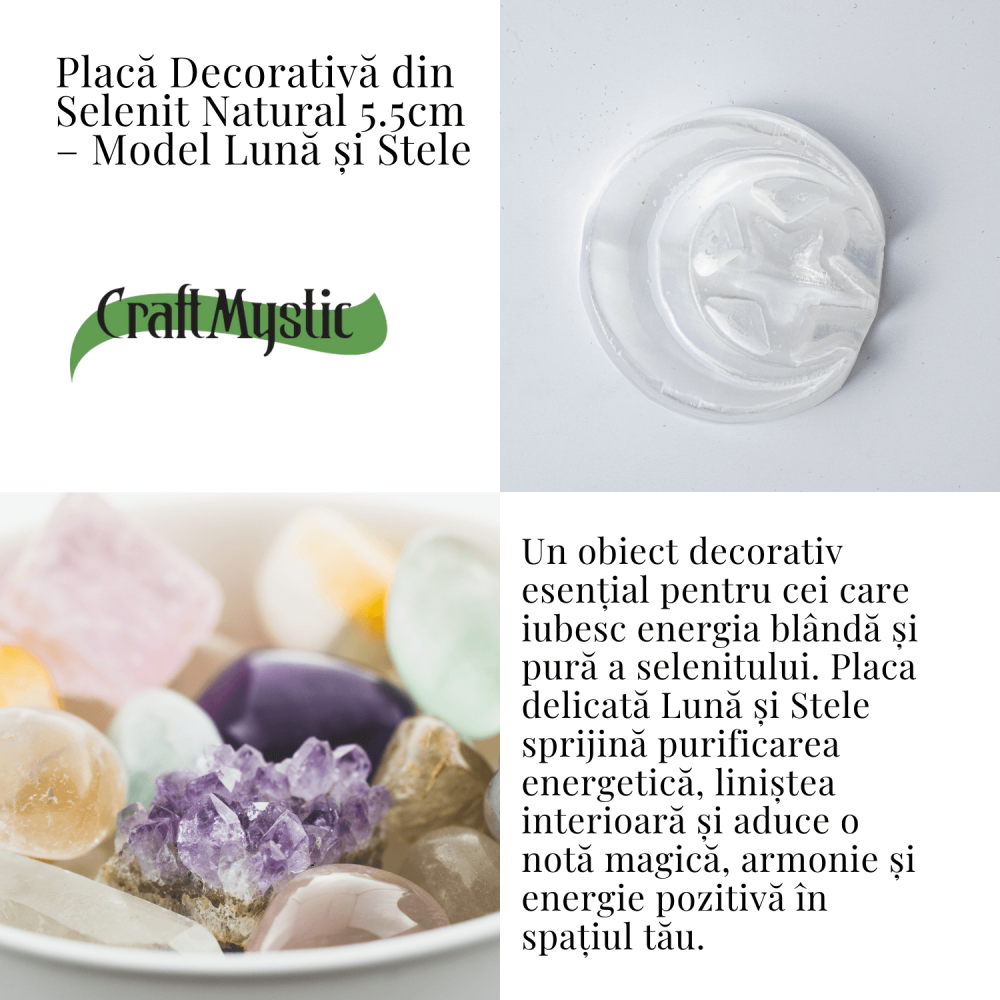 Placa Decorativa din Selenit Natural 5.5cm – Model Luna si Stele pentru Armonie si Claritate Energetica [3]