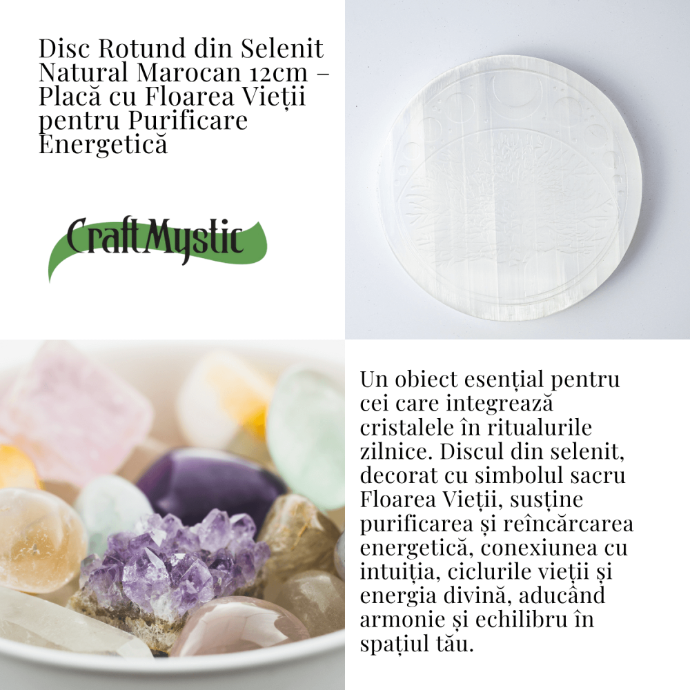 Disc Rotund din Selenit Natural 12cm – Placa Floarea Vietii pentru Purificare si Armonie Energetica [4]