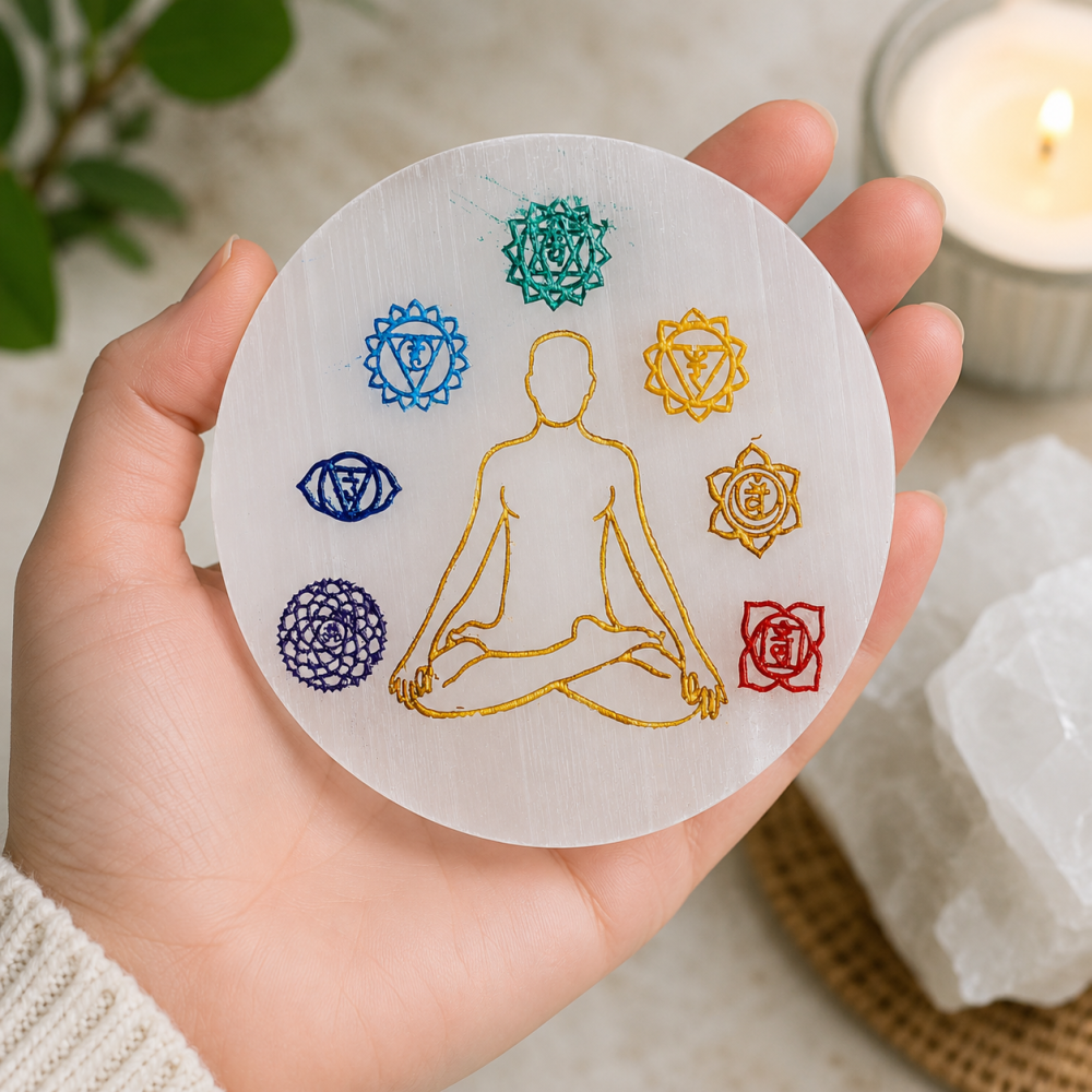 Placa din Selenit cu Cele 7 Chakre 10x10 cm – Purificare si Echilibru Energetic [2]