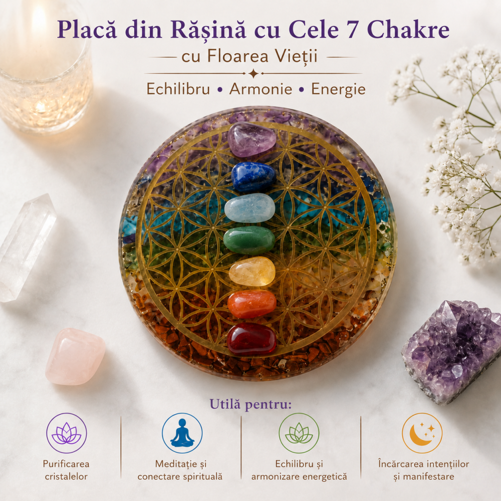 Placa din Rasina cu Pietrele Celor 7 Chakre si Floarea Vietii – Echilibru si Armonie Energetica [3]