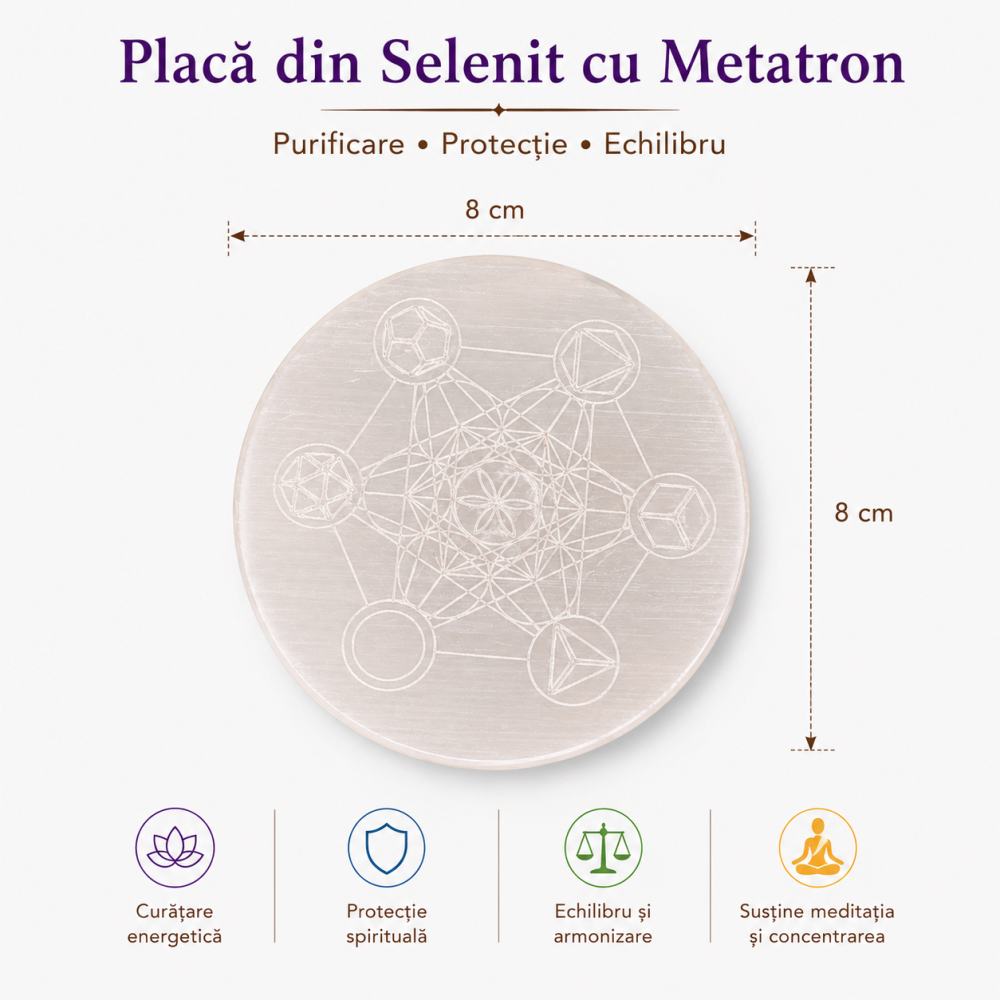 Placa Rotunda din Selenit Natural cu Cubul lui Metatron 8x8 cm– Purificare si Echilibru Energetic [3]