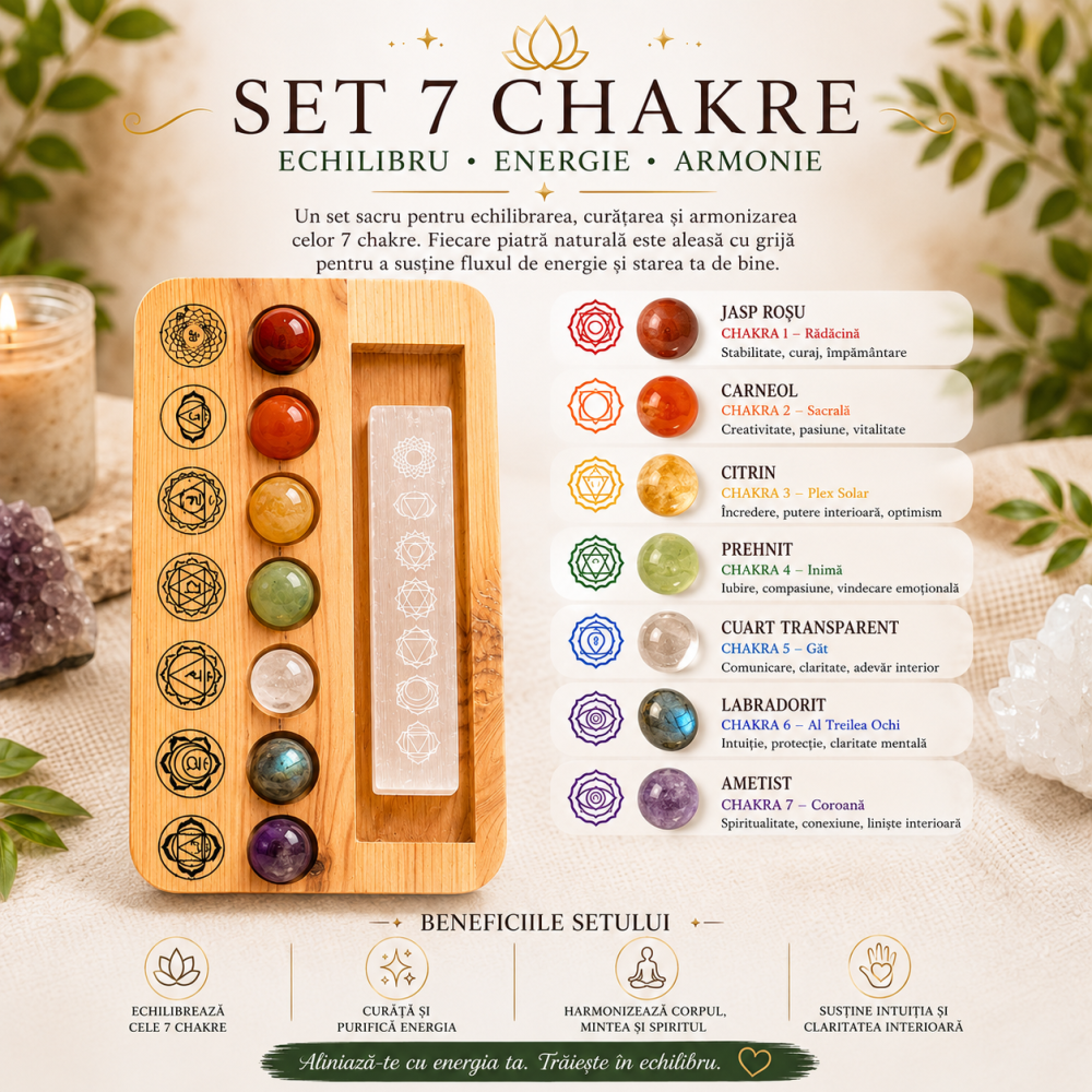 Set 7 Pietre Chakra cu Placa de Selenit si Suport din Lemn – Echilibru Energetic si Purificare [6]