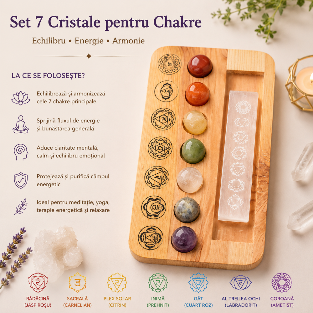 Set 7 Pietre Chakra cu Placa de Selenit si Suport din Lemn – Echilibru Energetic si Purificare [4]