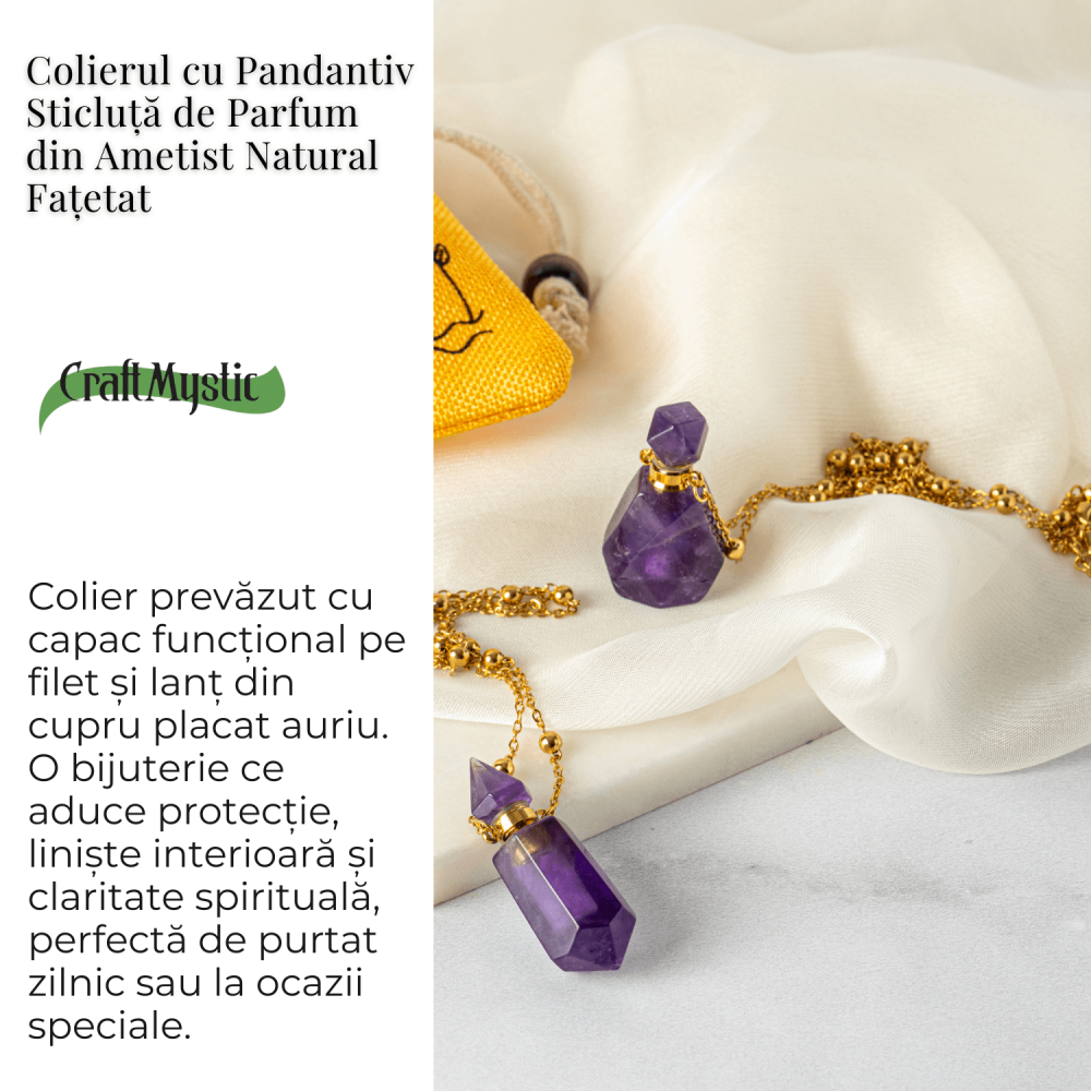 Claritate si Protectie – Colier Sticluta din Ametist Natural Fatetat, lant din Cupru Placat Auriu [3]