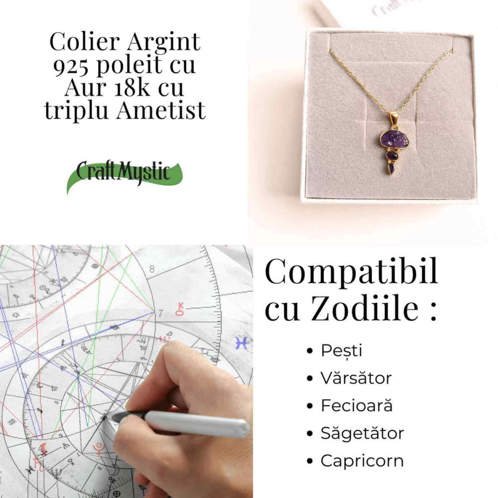 Calm Interior si Claritate Mentala – Colier inox si pandantiv argint 925 placat cu aur de18k si  Triplu Ametist [4]