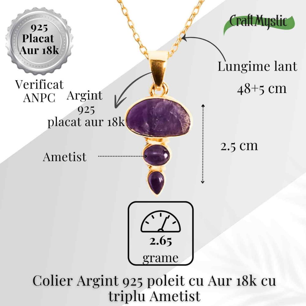 Calm Interior si Claritate Mentala – Colier inox si pandantiv argint 925 placat cu aur de18k si  Triplu Ametist [5]