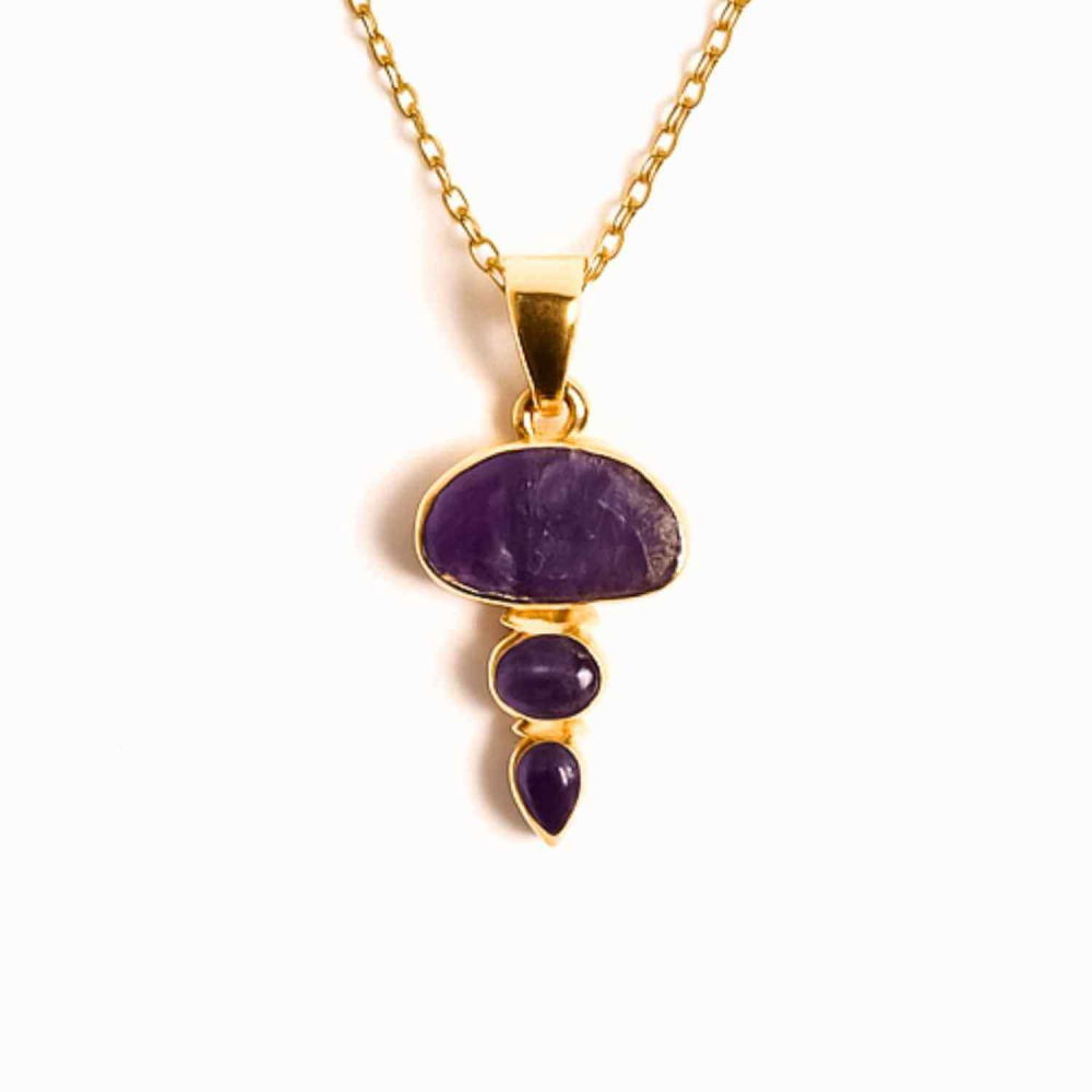 Calm Interior si Claritate Mentala – Colier inox si pandantiv argint 925 placat cu aur de18k si  Triplu Ametist [1]