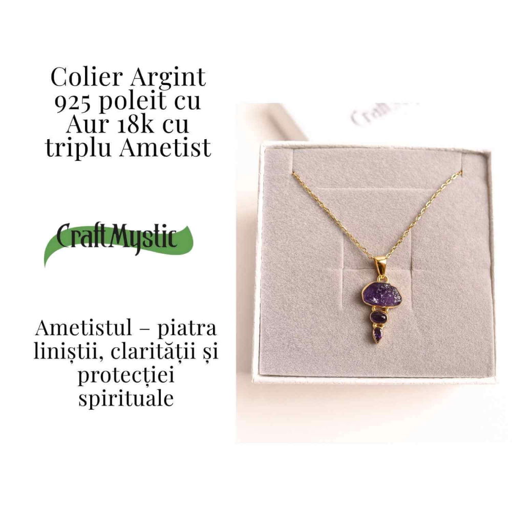 Calm Interior si Claritate Mentala – Colier inox si pandantiv argint 925 placat cu aur de18k si  Triplu Ametist [3]