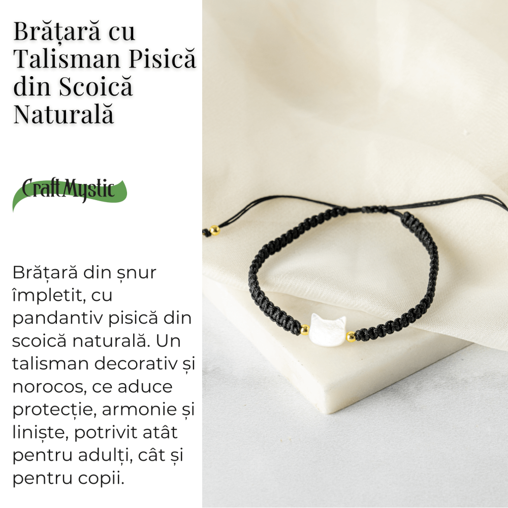 Energie Pozitiva si Puritate – Bratara cu Charm Pisica din Scoica Naturala Alba [3]