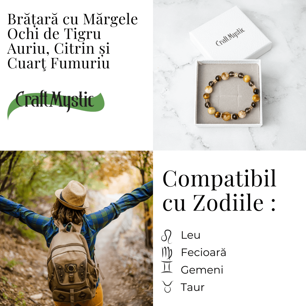 Energie si Abundenta – Bratara din Ochi de Tigru Auriu, Ochi de Tigru, Citrin si Cuart Fumuriu Natural [5]