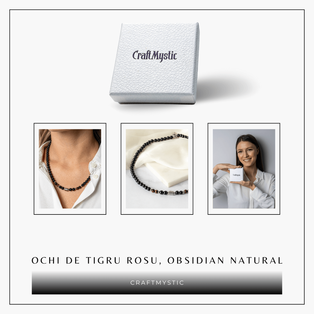 Energie si Protectie – Colier cu Ochi de Tigru Rosu si Obsidian pe Lant din Otel Inoxidabil [8]