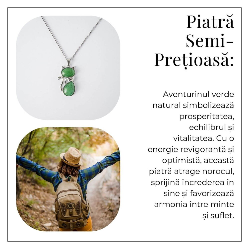 Noroc si Vitalitate – Colier Pisica din Otel Inoxidabil cu Aventurin Verde [6]
