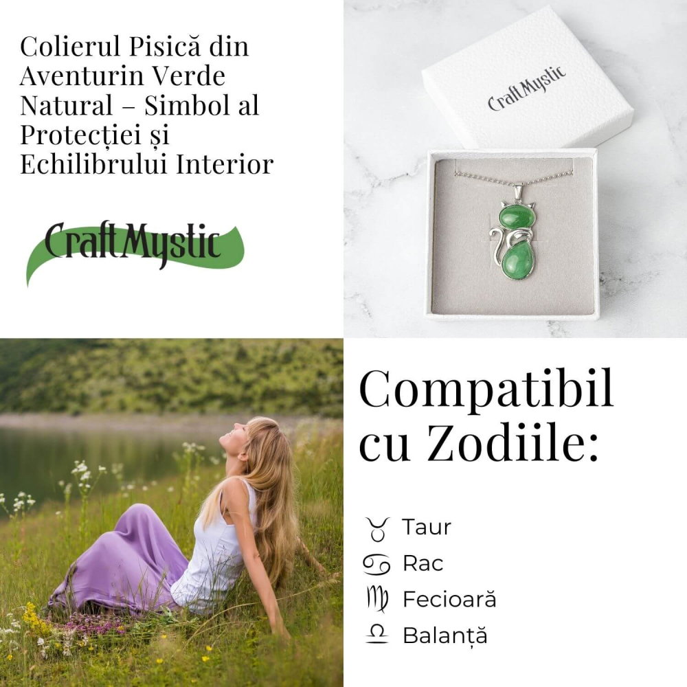 Noroc si Vitalitate – Colier Pisica din Otel Inoxidabil cu Aventurin Verde [4]