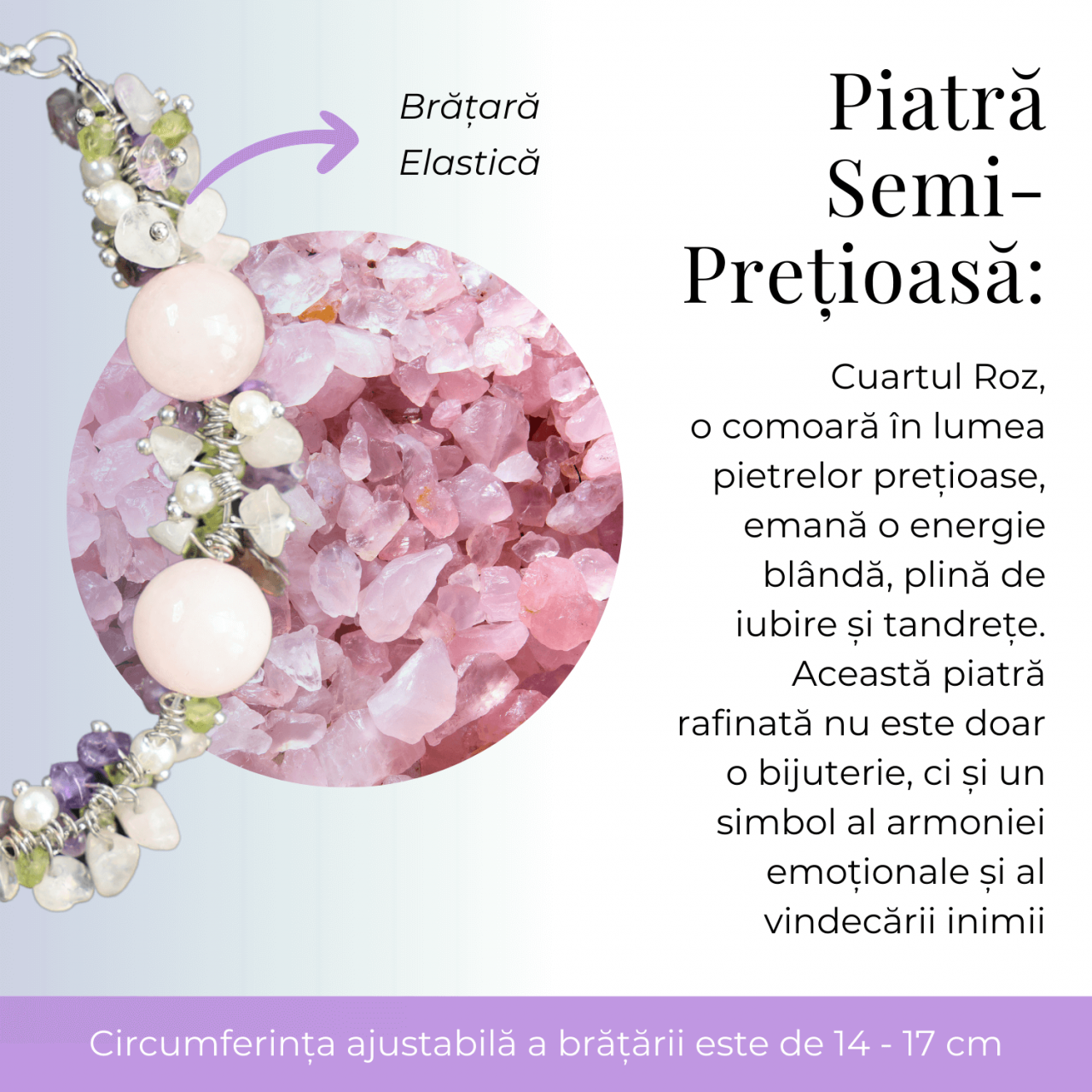Bratara Ajustabila Cuart Roz 12mm si Pietre Mixte pentru Vindecare [8]