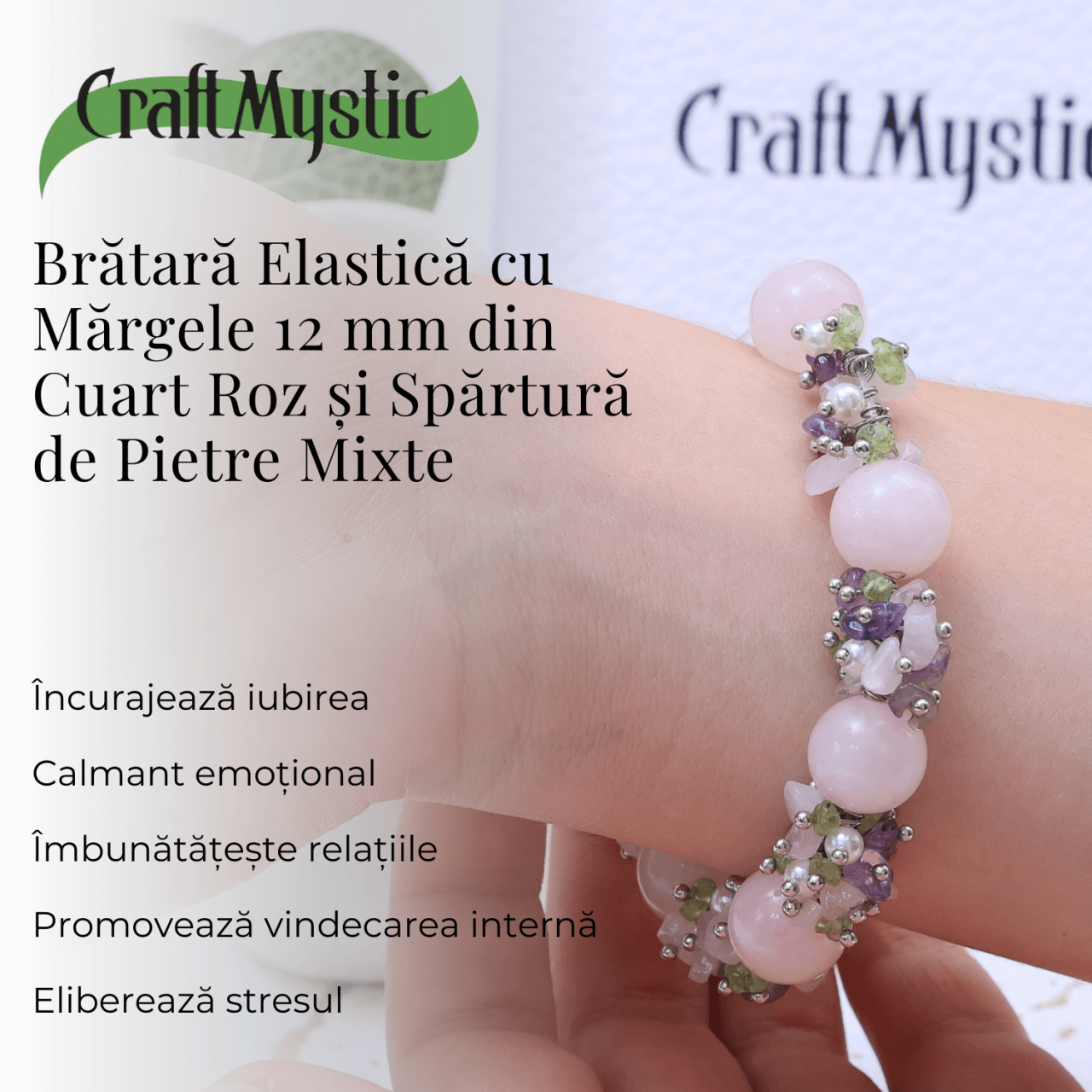 Bratara Ajustabila Cuart Roz 12mm si Pietre Mixte pentru Vindecare [3]