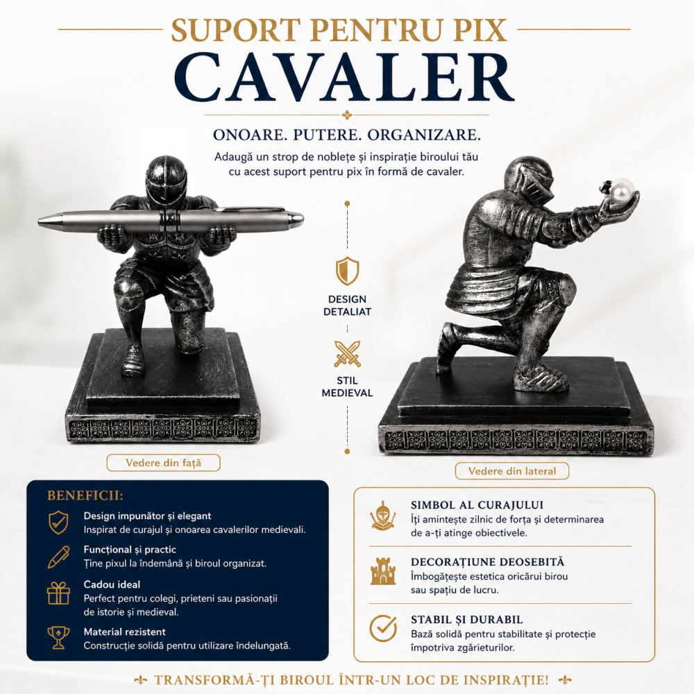Suport cu Pix / Stilou Cavaler Medieval din Rasina – Organizare Eleganta si Inspiratie pentru Birou [5]