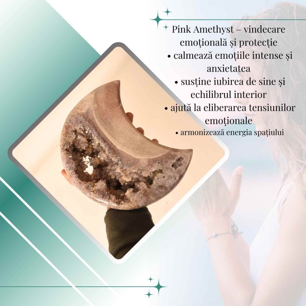 Semiluna decorativa din Pink Amethyst natural – piesa unicat sculptata manual, Brazilia [5]