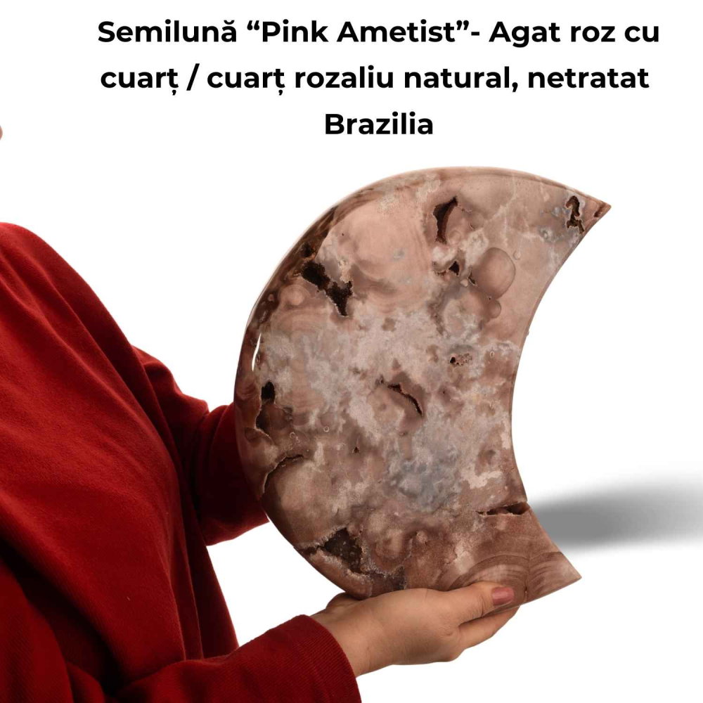 Semiluna Pink Amethyst – Agat roz natural cu cuart si calcedonie, piesa statement din Brazilia [4]