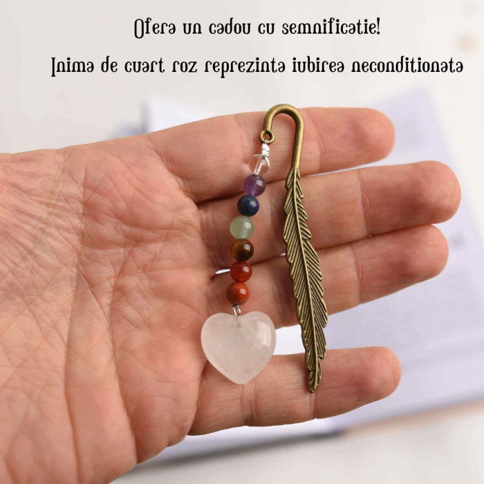Semn de Carte Energetic cu Cele 7 Chakre si Inimioara din Cuart Roz - Cadoul Spiritual Ideal pentru Iubitorii de Carti [3]