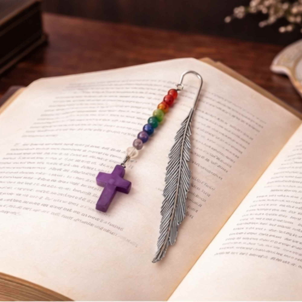 Semn de carte cu piatra naturala de Ametist, Cruce si 7 Chakre [5]