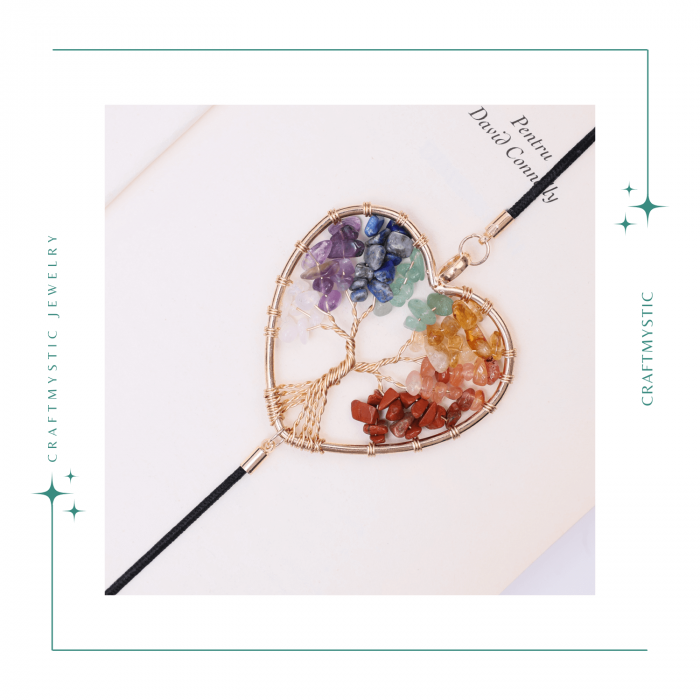 Semn de Carte Elastic cu Cristale Chakra - Forma Inima, Metal Vintage [6]