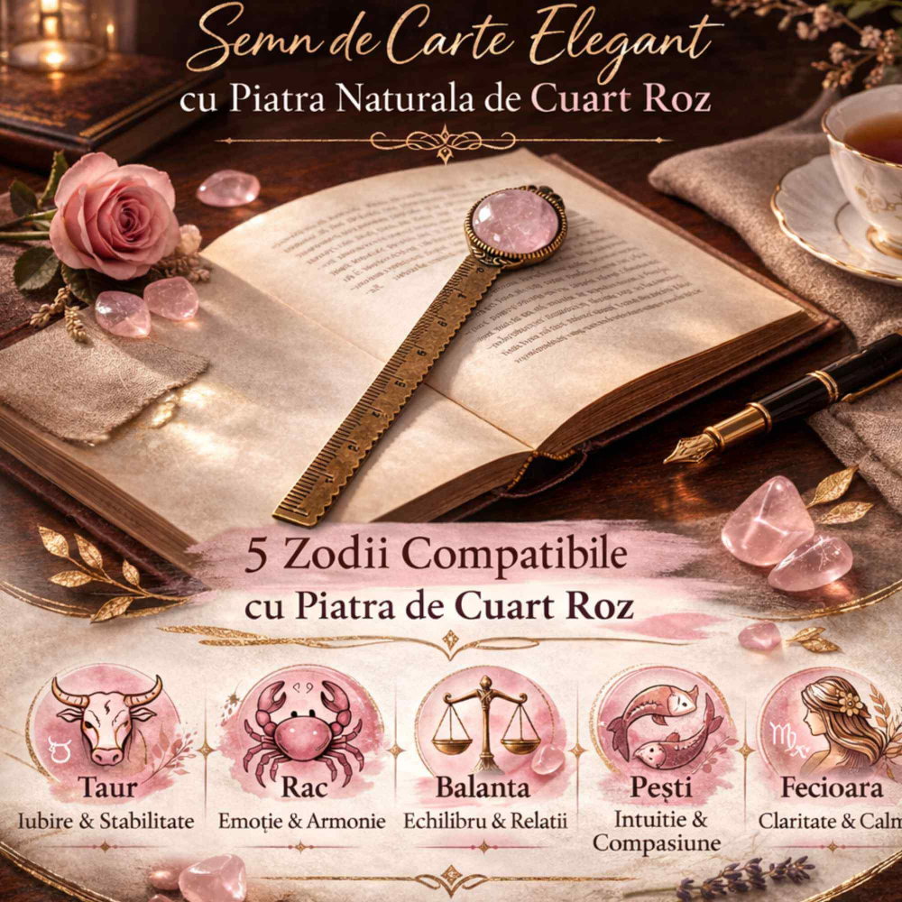 Semn de Carte Elegant cu Piatra Naturala de Cuart Roz si Alama [3]