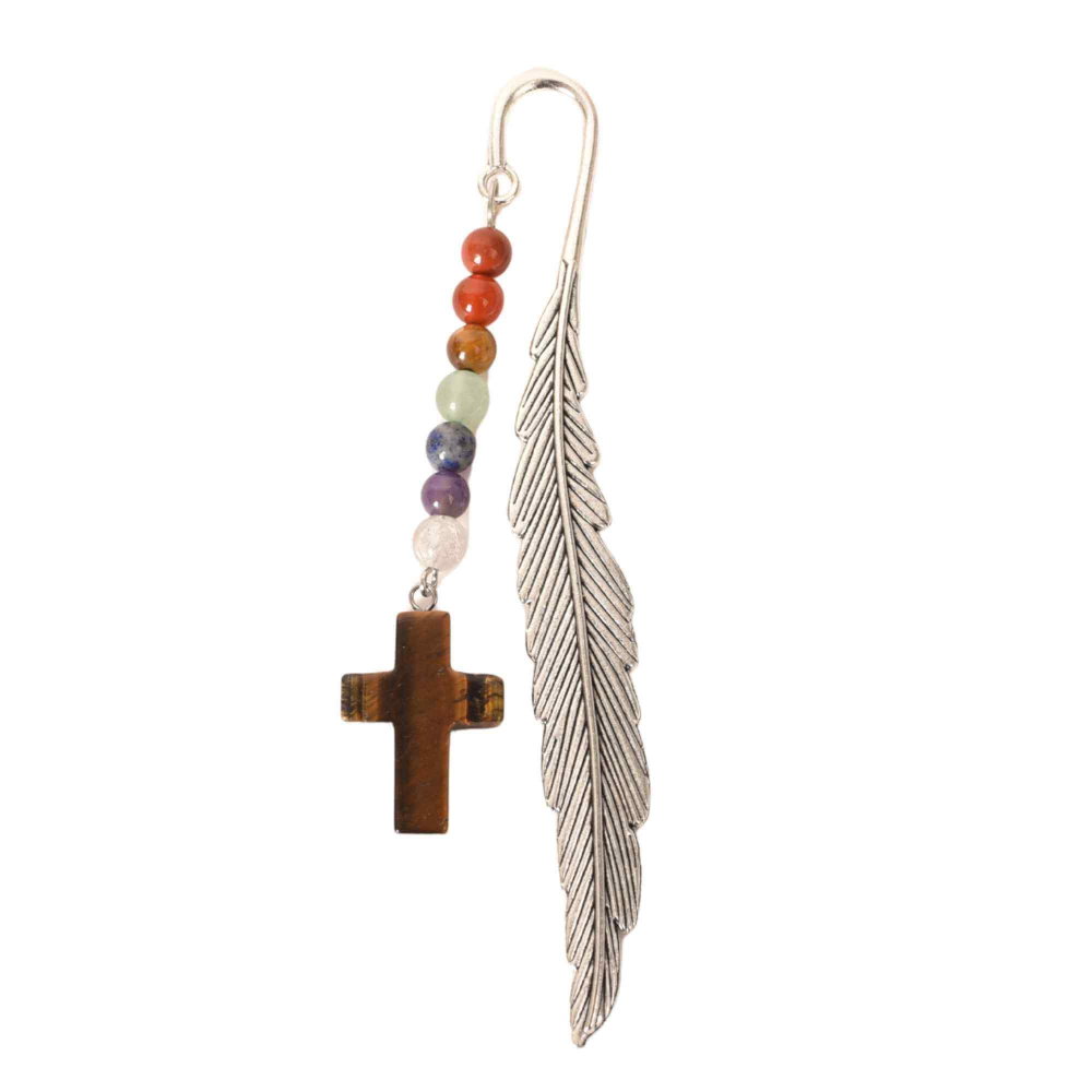 Semn de carte cu piatra naturala de Ochi de Tigru, Cruce si 7 Chakre [1]