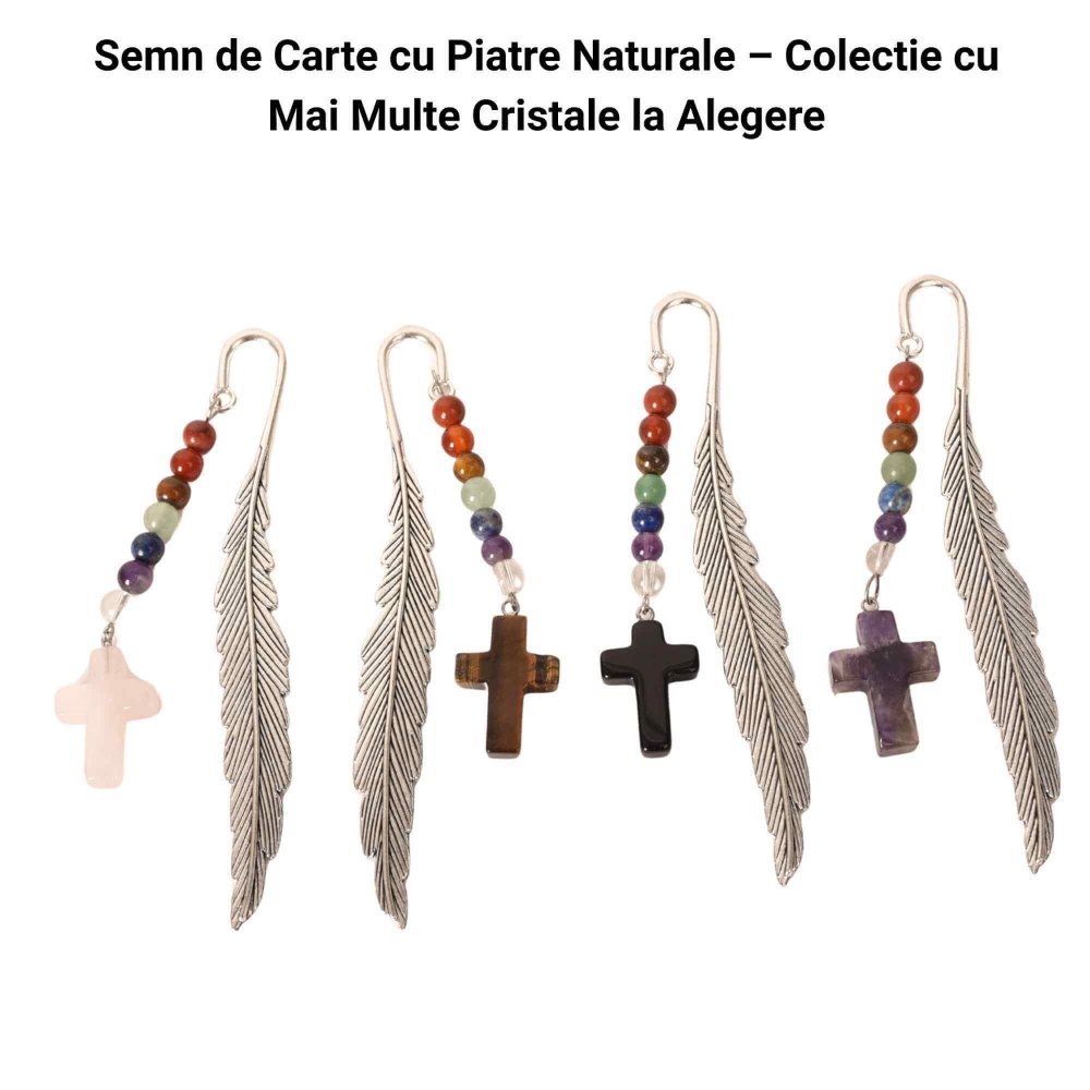 Semn de carte cu piatra naturala de Ochi de Tigru, Cruce si 7 Chakre [6]