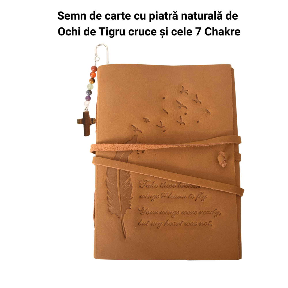 Semn de carte cu piatra naturala de Ochi de Tigru, Cruce si 7 Chakre [2]