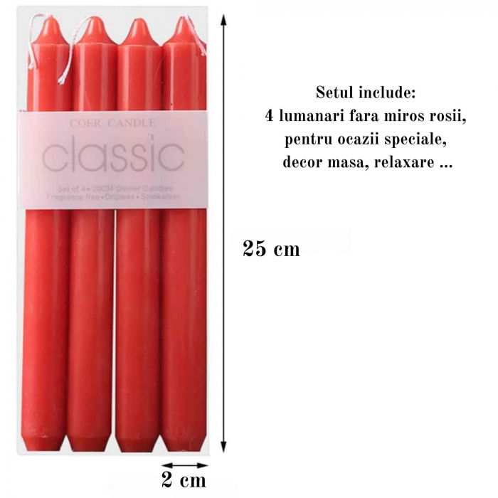 Set 4 Lumanari rosii conice de 25 cm - Lumanari conice fara picurare si fara parfum - Perfecte ca lumanari pentru cina, ocazii speciale [2]