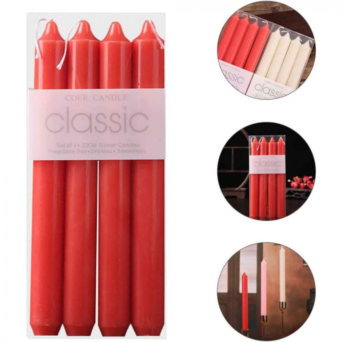 Set 4 Lumanari rosii conice de 25 cm - Lumanari conice fara picurare si fara parfum - Perfecte ca lumanari pentru cina, ocazii speciale [3]